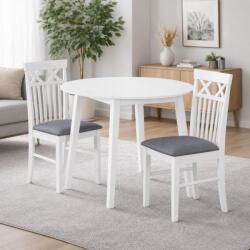 Malaezia Set masa living plianta Philadelphia, MDF, lemn masiv, rotunda, 55 90 x 90 x 74, 8 cm si 2 scaune Rebecca, tapiterie stofa, 100 kg, 94x49x43.5 cm, alb gri