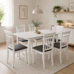 Malaezia Set masa living extensibila Miami, MDF, lemn masiv, 120 150 x 80 x 73.8 cm si 6 scaune, lemn masiv Hudson, tapiterie stofa, 100 kg, 94x50x42 cm, alb gri