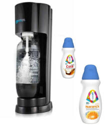 SodaCO2 R100B Royal Soda Maker MegaPack, fekete műanyag szódagép, házi szódakészítő 1 db 425g narancs ízesítésű CO2 patronnal, 2 x 500 ml ajándék szörppel és 1 db 1L szénsavasító palackkal (Sodaco_R100B)