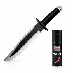 Depox Set cutit tactic de vanatoare si spray paralizant chili, DEPOX®, 39.5 cm, negru (1089)