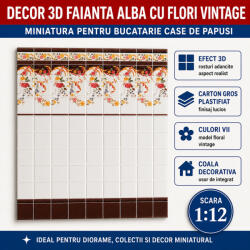 Hobbyplanet Decor 3D faianta alba cu flori vintage 28, 5 x 19 cm, miniatura pentru bucatarie papusi (CC34327)