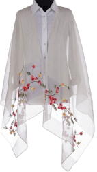 Shopika Esarfa din matase alb unt, cu broderie flori pe fond transparent de organza