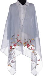 Shopika Esarfa din matase bleu, cu broderie flori pe fond transparent de organza