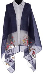 Shopika Esarfa din matase bleumarin, cu broderie flori pe fond transparent de organza
