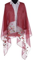 Shopika Esarfa din matase bordo, cu broderie flori pe fond transparent de organza