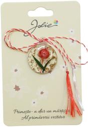 Jolie Martisor Traditional din Acril, Jolie, Model Rotund Lalea Rosie, cu Snur Impletit Alb/Rosu, Pandantiv 2 cm (134854)