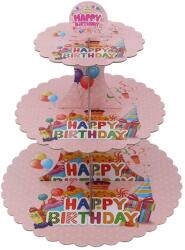 Flippy Etajera pentru Prajituri, Flippy, din Carton, 3 Nivele, 16/22/29 cm Diametru, Inaltime 38 cm, Tema Happy Birthday, Roz (162120)