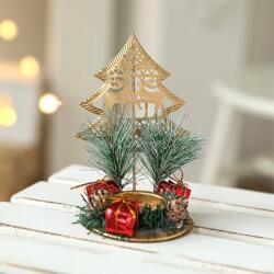 Flippy Suport Decorativ pentru Lumanare de Craciun, Flippy, Ornament pentru Lumanare pe Masa, Model Brad cu Reni si Crengute de Brad, din Art Metal, fara Lumanare 13 x 8.3 cm, Auriu (161860)