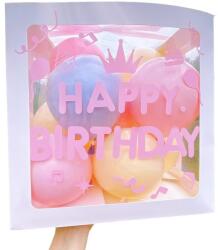 Flippy Cutie pentru Baloane, Flippy, Tematica Aniversare, Model Scris Happy Birthday, Baloane Albastre, Roz, Galbene si Panglica Incluse, Contur Alb, Transparenta, 30x30 cm (131302)