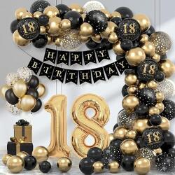 Flippy Set Baloane Folie si Latex, Flippy, Tematica Aniversare Majorat, Baloane Latex, Figurine Cifrele 1 si 8, Ambalaj Individual, Pai Inclus, Umflare cu Aer sau Heliu, Auriu Negru (134127)