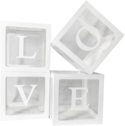 Flippy Set 4 Cutii pentru Baloane, Flippy, Model Scris Love, Tematica Iubire, Cuburi Decorative din Plastic, Accesorii pentru Petrecere, 30 x30 cm, Transparente Contur Alb (130376)