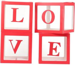 Flippy Set 4 Cutii pentru Baloane, Flippy, Model Scris Love, Tematica Iubire, Cuburi Decorative din Plastic, Accesorii pentru Petrecere, 30x30 cm, Transparente Contur Rosu (131270)