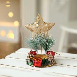 Flippy Suport Decorativ pentru Lumanare de Craciun, Flippy, Ornament pentru Lumanare pe Masa, Model Stea cu Clopotei si Crengute de Brad, din Art Metal, fara Lumanare 13 x 8.3 cm, Auriu (161862)