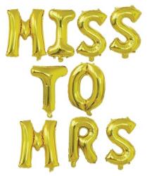 Flippy Set Baloane din Folie Metalizata, Flippy, Model Scris Miss to Mrs, Litere de 40 cm, Tema Iubire, Baloane Party, Ambalaj Individual, Pai Inclus, Umflare cu Aer sau Heliu, Auriu (127499)