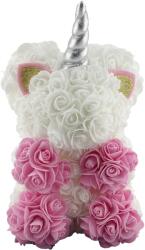 Flippy Unicorn din Flori, Flippy, Unicorn din Trandafiri de Spuma, Unicornul 17 x 17 x 23 cm / Cutia Trasparenta 19 x 19 x 28 cm, Roz/Alb (164772)
