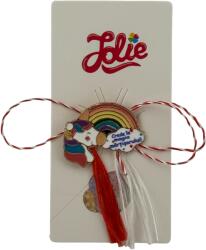Jolie Martisor pentru copii, Jolie, Material Metal, Ambalaj Carton cu Design, Dimensiune Brosa Aproximativ 2x2 cm, Multicolor, cu Mesaj, Model Curcubeu si Unicorn (134699)