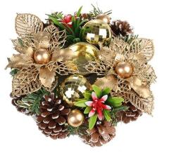 Flippy Suport pentru Lumanare de Craciun, Flippy, Model Cupa cu 2 Globutele Aurii si 2 Flori cu Conuri, Sfesnic de Tip Ghirlanda, Decoratiune pe Masa de Craciun, 17.5 x 17.5 x 7 cm, Auriu (161865)