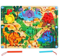 Flippy Joc Montessori de Sortare Culori, Flippy, Creion Magnetic, Tip Labirint Ilustrat, din Lemn, Model Dinozauri, 39x29x1.5 cm (126523)