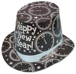 Flippy Palarie Tip Lincoln, Flippy, Model Happy New Year cu Ceasuri, Accesoriu Petrecere de Anul Nou, Marime Universala, din Carton, Negru/Argintiu (162148)