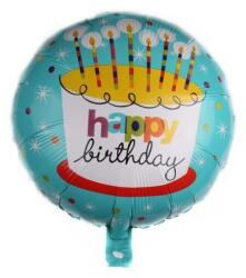 Flippy Balon din Folie Metalizata, Flippy, Mini Figurina Rotunda, Model Happy Birthday Tort, Tema Aniversare, 45 cm, Ambalaj Individual, Pai inclus, Umflare cu Aer sau Heliu, Albastru (131339)