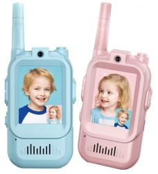 Flippy Set Walkie Talkie WiFi pentru Copii, Flippy, Set 2 Statii, Apeluri Video, cu Ecran de 2", Efecte Voce, Reincarcabile, Cabluri TYPE-C, Raza pana la 500 m, 12 x 5 x 2 cm, Roz/Albastru (164988)