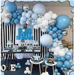 Flippy Baloane decorative Arcada, pentru Baieti, BABY SHOWER, Flippy, Arcada Baby BOSS, Set din 154 baloane, Model Petrecere, Baloane Party, 12 cm, 30 cm, 45 cm, Albastru, Bleu, Alb, Argitiu (130081)