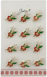 Jolie Set 12 Brose Martisor cu Ghiocel de Primavara si Fundita Rosie, Jolie, Brose din Metal, Aspect Lacuit, 2 x 2 cm per Unitate, Multicolor (134029)