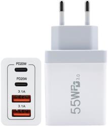 Flippy Incarcator Fast Charge pentru Telefon 55W, Flippy, Incarcator Quick Charge cu 2 Porturi USB-A 3.1A & 2 Porturi USB-C, Power Delivery 55W, Cap Standard European, Alb (161981)