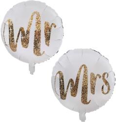 Flippy Set 12 Baloane din Folie Metalizata si din Latex, Flippy, Model Mr Mrs, Tema Nunta, Baloane Party cu Confetti, 45 cm, 30 cm, Pai inclus, Umflare cu Aer sau Heliu, Alb/Auriu (130992)