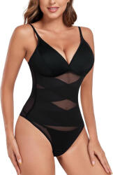Tuopuda Body modelator dama Tuopuda, Control abdomen, Design X criss-cross, Bustiera cu bureti detasabili, Decolteu V, Bretele reglabile, Tip tanga, Negru, Marime M