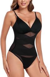 Tuopuda Body modelator dama Tuopuda, Control abdomen, Design X criss-cross, Bustiera cu bureti detasabili, Decolteu V, Bretele reglabile, Tip tanga, Negru, Marime XXL
