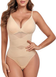 Tuopuda Body modelator dama Tuopuda, Control abdomen, Design X criss-cross, Bustiera cu bureti detasabili, Decolteu V, Bretele reglabile, Tip tanga, Bej nude, Marime XXL