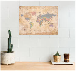  Világtérkép parafatáblára nyomtatva - Old School 90*60 cm - angol nyelvű - mahagóni színű keretben