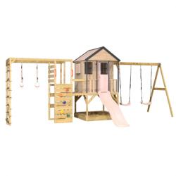 Wendi Toys Casuta de gradina Pastel Pink Adventure Cottage cu platforma, tobogan, leagan dublu si modul sport (M60PP_G), Wendi Toys (M60PP_G) Casuta pentru copii