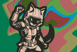  Lüktető pop-art Manga macskafüles szkafanderes karakter rózsaszín fekete smaragdzöld mályva és türkizkék tónus falpanel (DD134058)