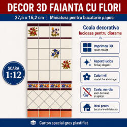 Hobbyplanet Decor 3D faianta cu flori 27, 5 x 16, 2 cm, miniatura pentru bucatarie papusi (CC34329)