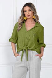 SHOPIKA Camasa masura mare, din in, cu nod in fata, verde oliv Talie unica
