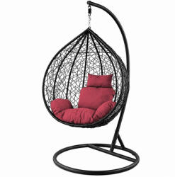 HA. RO Scaun suspendat tip scoica din ratan, terasa/ balcon, perne rosii, cadru otel negru, 105x105x196 cm (HCTAD00143) Balansoar