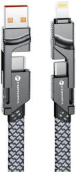 USB Type-C / USB töltő- és adatkábel 4in1, USB Type-C / Lightning, 100 cm, 3000 mA, 60W, változtatható töltőfej, törésgátló, lapos, gyorstöltés, cipőfűző minta, Forcell F-Energy C241, szürke