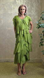 SHOPIKA Rochie lunga din matase cu volane suprapuse asimetrice si paiete fine la decolteu, verde olive Talie unica