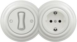 Reblig - Întrerupător retro unipolar nr. 1 și priză SCHUKO 230 V cu ramă ceramică albă (RG0008E)