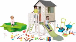 Smoby Set căsuță pe piloni și nisipar cu roabă și mașină de tuns iarba House On Stilts Life Smoby extensibilă cu tobogan de 1, 5 m cu jet de apă (SM810802-23) Casuta pentru copii