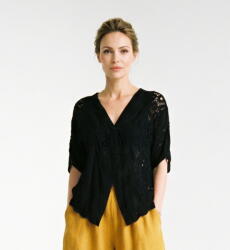 SHOPIKA Cardigan de vara din bumbac cu broderie sparta si colturi frontale, negru Talie unica