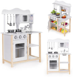 ECOTOYS Játékkonyha, ECOTOYS, fa, 59, 5 x 29, 5 x 84 cm, sütővel és mikrohullámú sütővel, 5 db tartozékkal, forgógombokkal (TF5268)