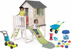Smoby Set căsuță pe piloni și roaba cu mașină de tuns iarba House On Stilts Life Smoby extensibilă cu tobogan de 1, 5 m cu apă (SM810802-17) Casuta pentru copii