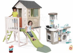 Smoby Set căsuță pe piloni și bucătărie cu mașină de spălat House On Stilts Life Smoby extensibilă cu tobogan de 1, 5 m cu apă (SM810802-13) Casuta pentru copii