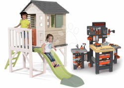 Smoby Set căsuță pe piloni și atelier de lucru cu trei părți House On Stilts Life Smoby extensibilă cu tobogan de 1, 5 m cu apă (SM810802-14) Casuta pentru copii