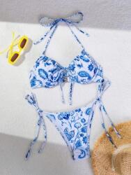 Shein Fehér Mintás Bikini Kék Virág Mintás Megkötős Vállpánt Shein S