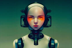  Fotorealisztikus cyberpunk portré - humanoid robot mellképe kékeszöld narancs vörös acélkék antracit és korallpiros tónus falpanel (DD134094)