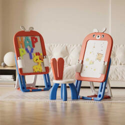 Feelkids Детска дъска 2 в 1 Feelkids - С конструктор и стол, 60 части, червено зайче (FQ-HB-QD010-R)
